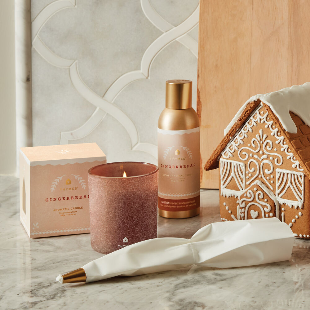 Thymes Gingerbread Home Fragrance Mist with candle and Decorative gingerbread house image number 3